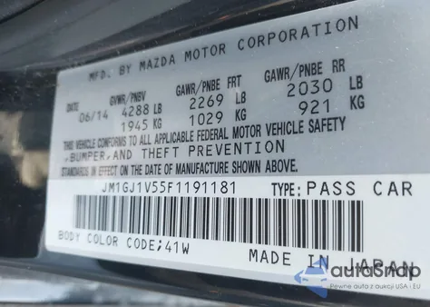 2015 Mazda Mazda6 I Touring z USA, uszkodzony, nr VIN JM1GJ1V55F1191181